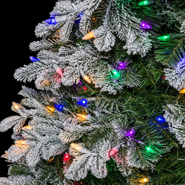 9'Hx50"W PE Flocked Pencil Sitka Spruce Artificial Christmas Tree, LED Pre-Lit (Multicolor) -White/Green - C191429