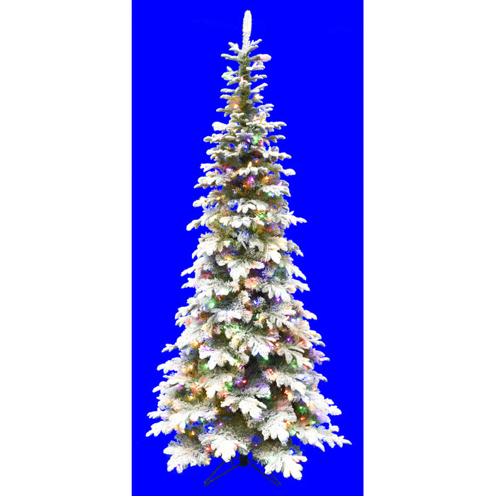 7'6"Hx42"W PE Flocked Pencil Sitka Spruce Multi Color LED-Lighted Artificial Christmas Tree w/Stand -White/Green - C191419