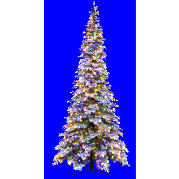 12'Hx66"W PE Flocked Pencil Sitka Spruce Multi Color LED-Lighted Artificial Christmas Tree w/Stand -White/Green - C191439