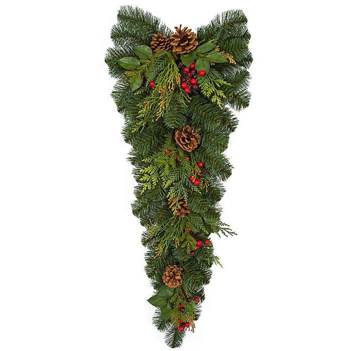 32"Hx14"W PE Artificial Barrington Pine, Berry, Greenery & Pinecone Teardrop Swag -Green/Red (pack of 2) - C-200110
