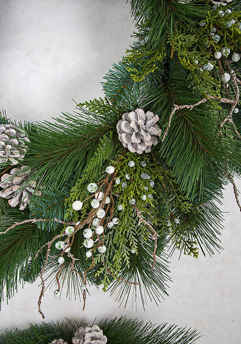 30" Artificial Alban Pine Hanging Wreath With Frosted Berries & Pinecones -Green/White - C200210