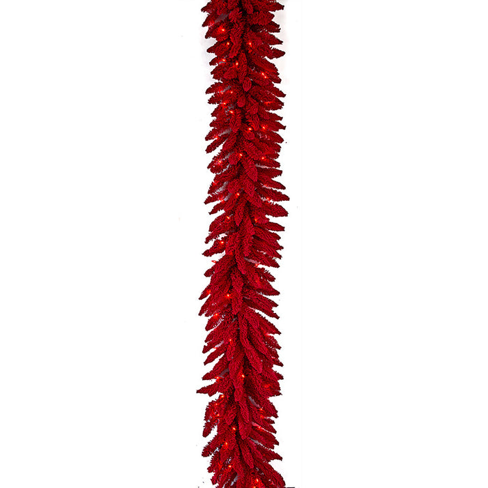 9'Lx16"W Snowed Valentino Pine Red LED-Lighted Artificial Garland -Red - C200419