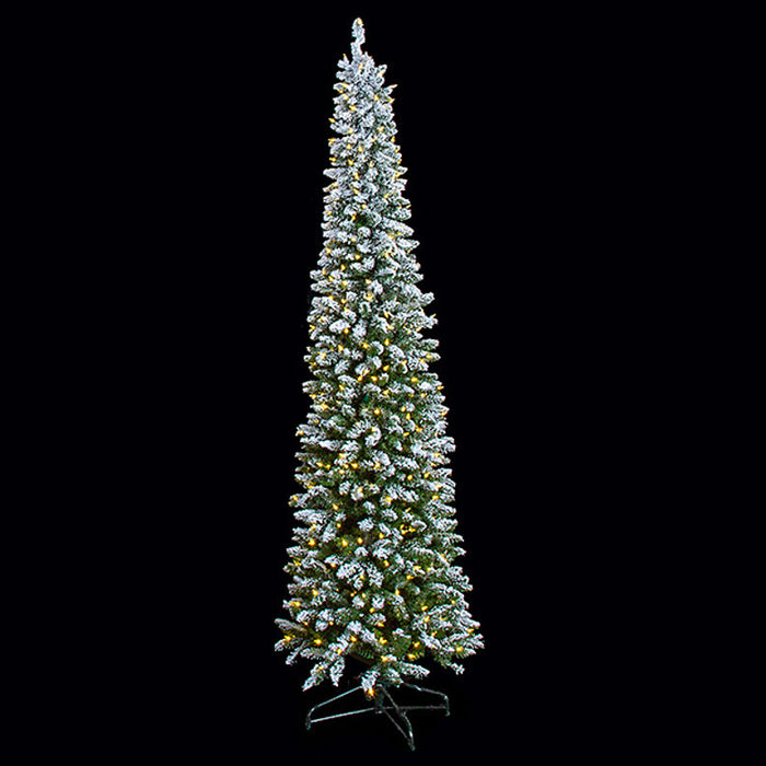 7'6"Hx25"W Flocked Beaumont Pencil Pine Artificial Christmas Tree, LED Pre-Lit -White/Green - C200524