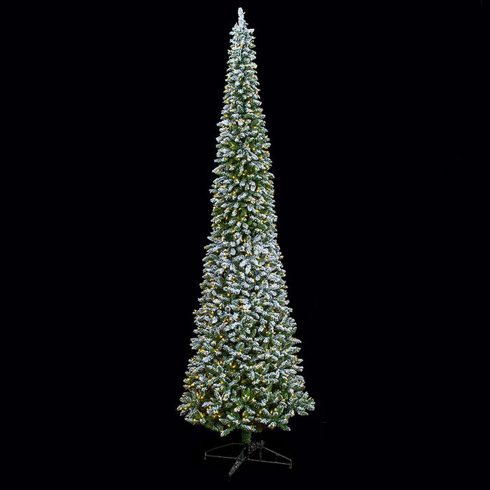 12'Hx46"W Snowed Beaumont Pencil Pine LED-Lighted Artificial Christmas Tree w/Stand -White/Green - C200544