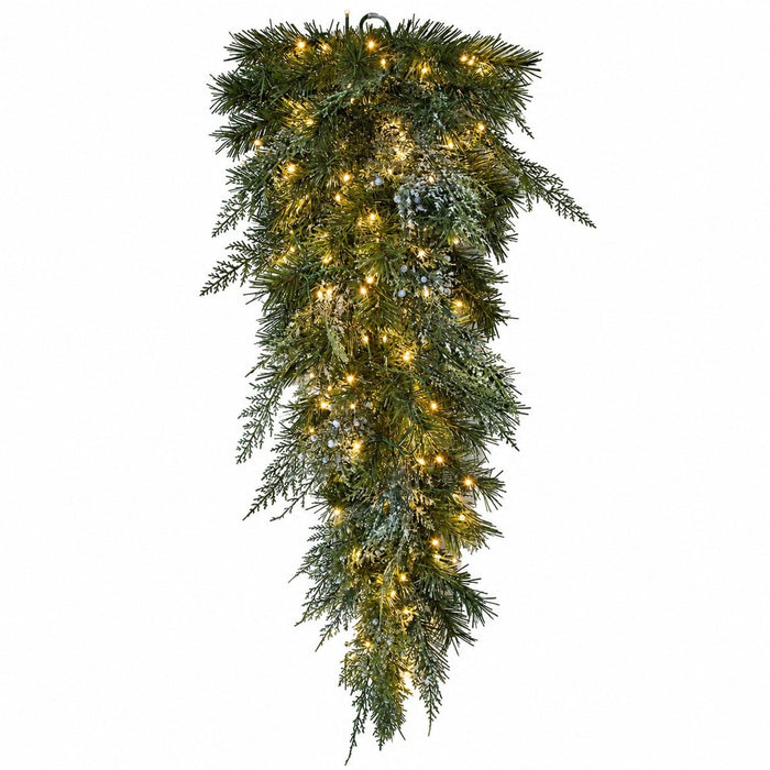 48" PE Frosted Artificial Brighton Pine Teardrop Swag, Micro LED Pre-Lit -Green/White (Pack of 2) - C200944