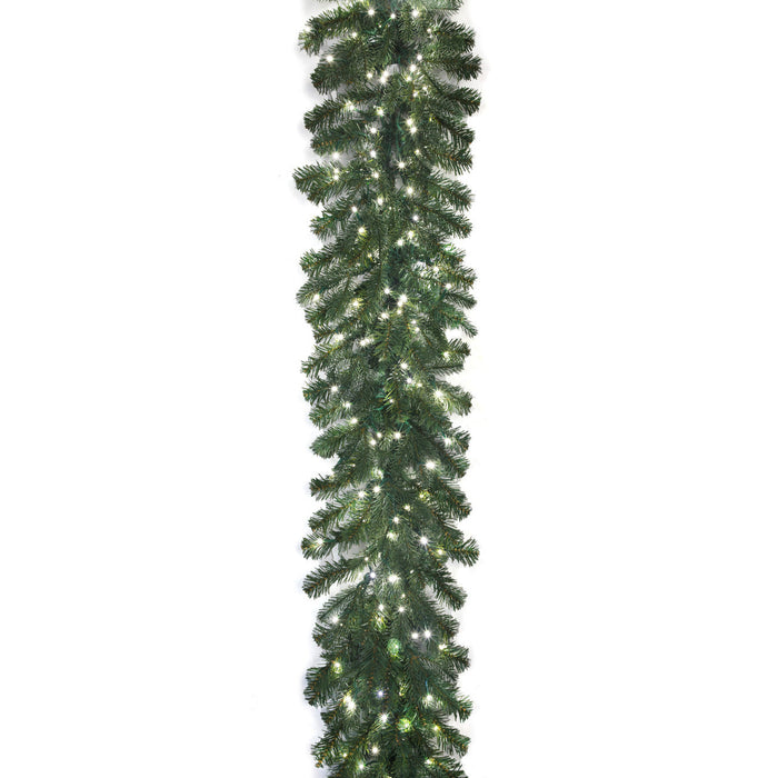 9'Lx16"W PE Cumberland Fir Artificial Garland, Micro LED Pre-Lit -Green - C-230184