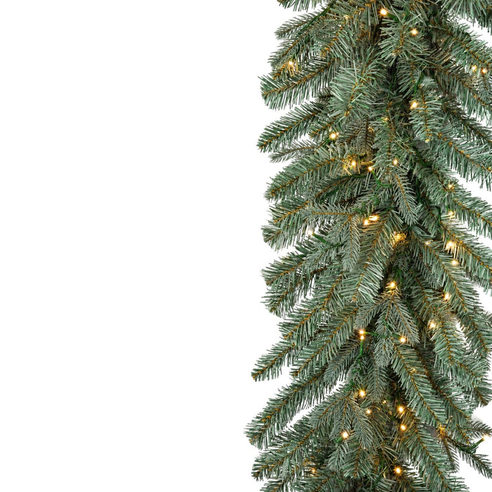 9'Lx16"W PE Blue Swiss Pine Artificial Garland, Micro LED Pre-Lit -Green - C-230274