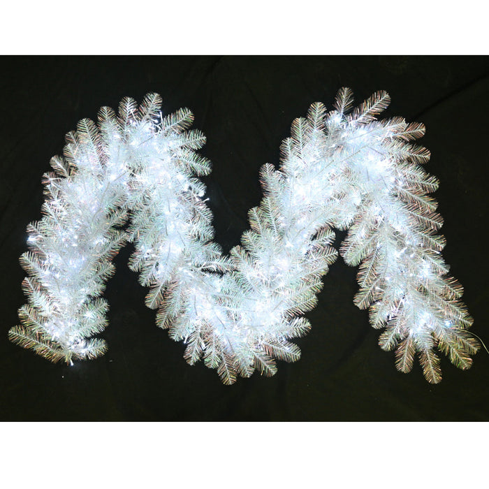 9'Lx16"W Tinsel Iridescent Crystal White Pine Artificial Garland, Micro LED Pre-Lit (Cool White) -White - C-230385