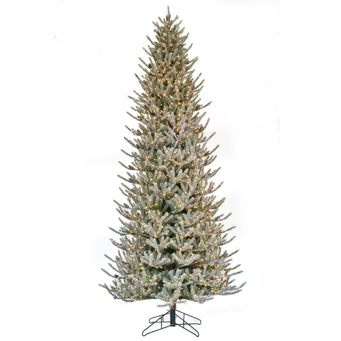 12'Hx67"W PE Flocked Siberian Blue Spruce & Pinecone Rice LED-Lighted Artificial Christmas Tree w/Stand -Green - C-230554