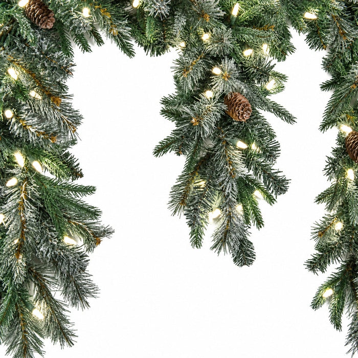 10'Lx10"W PE Flocked Dripping Mixed Pine & Pinecone Artificial Garland, LED Pre-Lit -White/Green - C-231014