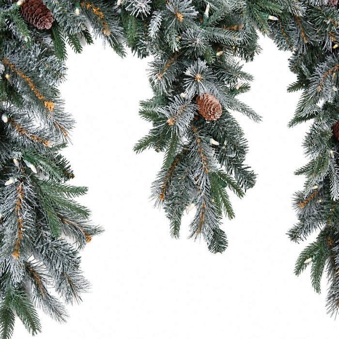 10'Lx10"W PE Flocked Dripping Mixed Pine & Pinecone Artificial Garland, LED Pre-Lit -White/Green - C-231014
