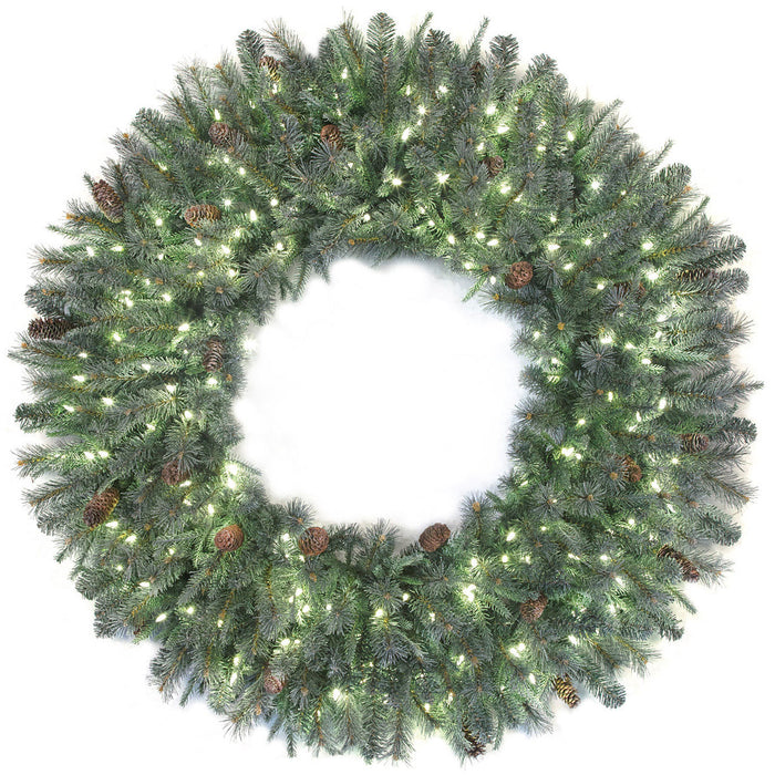 48" PE Artificial Frosted Tip Mixed Pine Wreath, LED Pre-Lit -Green/White - C-231034
