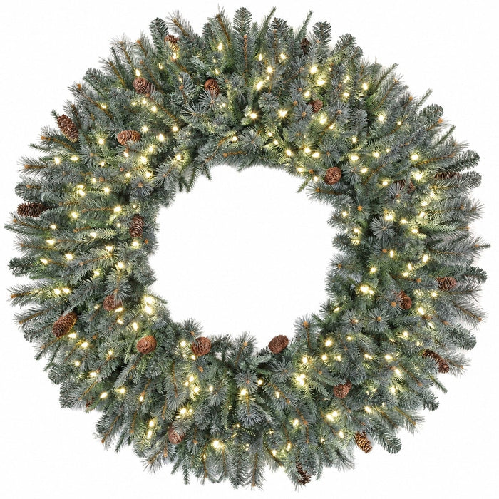 36" PE Artificial Frosted Tip Mixed Pine Wreath, LED Pre-Lit -Green/White - C-231024