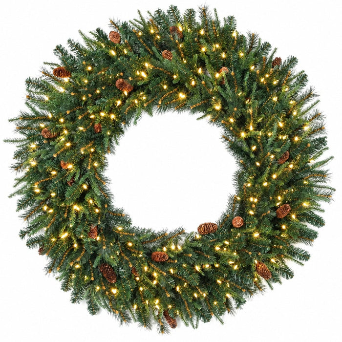 36" PE Artificial Mixed Pine & Pinecone Wreath, LED Pre-Lit -Green - C-231054