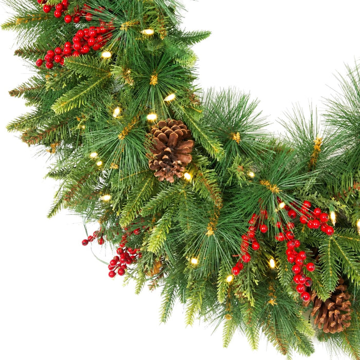 36" PE Artificial Mixed Oakhaven Wreath, Battery LED Pre-Lit -Green/Red - C-231194B