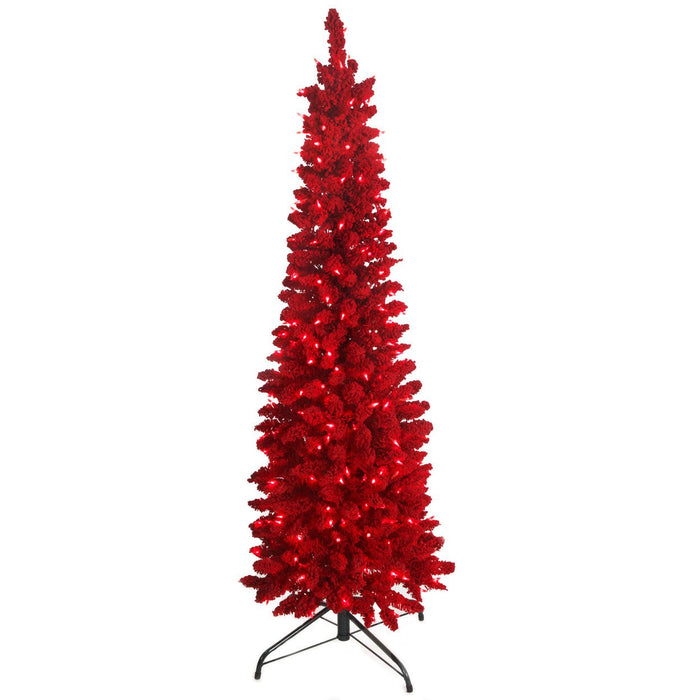 5'Hx20"W Flocked Valentino Pencil Artificial Christmas Tree, LED Pre-Lit (Red) -Red - C-231259