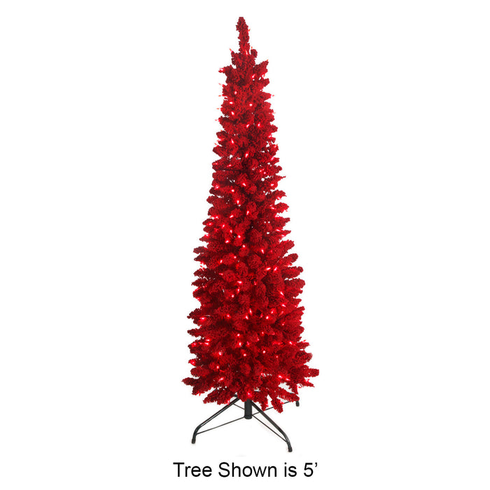 9'Hx34"W Flocked Valentino Pencil Artificial Christmas Tree, LED Pre-Lit (Red) -Red - C-231279