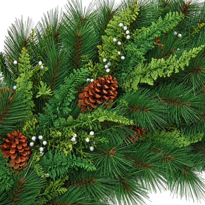 9'Lx12"W PE Mixed Woodglen Pine, Fern & Pinecone Artificial Garland -Green/Brown - C-231340