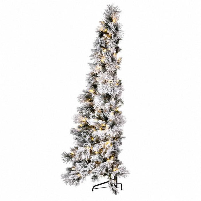 7'6"Hx48"W Half-Tree/Wall Heavy Flocked Bavarian & Pinecone Artificial Christmas Tree, Micro LED Pre-Lit -White/Green - C-232014
