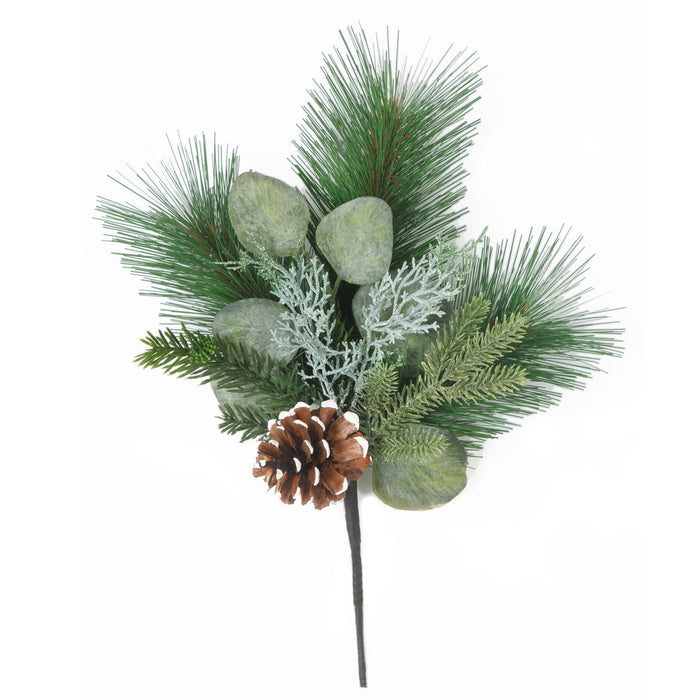 14" Mixed Longleaf Pine, Eucalyptus, Pinecone & Juniper Artificial Stem -Green/Brown (Pack of 12) - C-240010