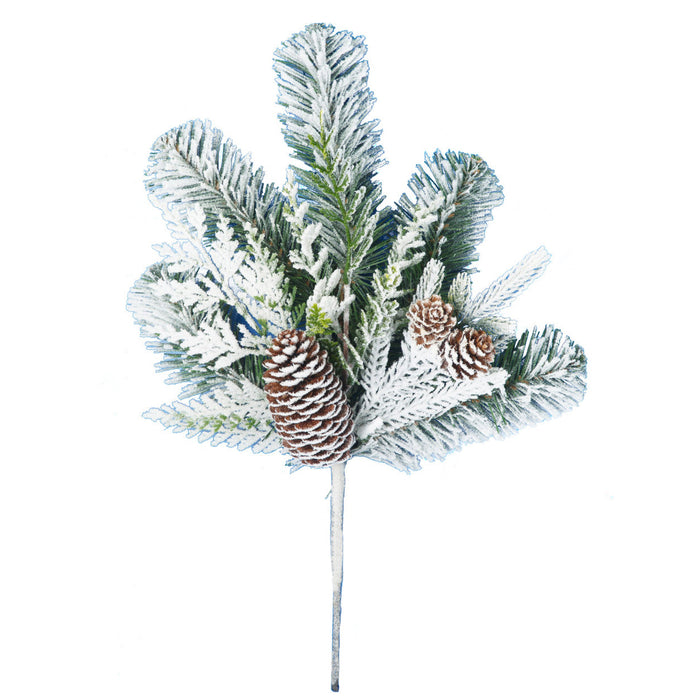 15" PE Mixed Flocked Douglas Fir & Pinecone Artificial Stem -White/Green (Pack of 24) - C-240570
