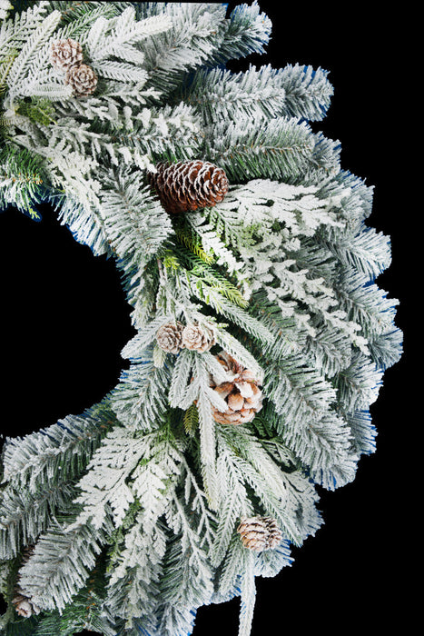 30" PE Flocked Artificial Snowy Douglas Fir & Pinecone Wreath -White/Green - C-240580