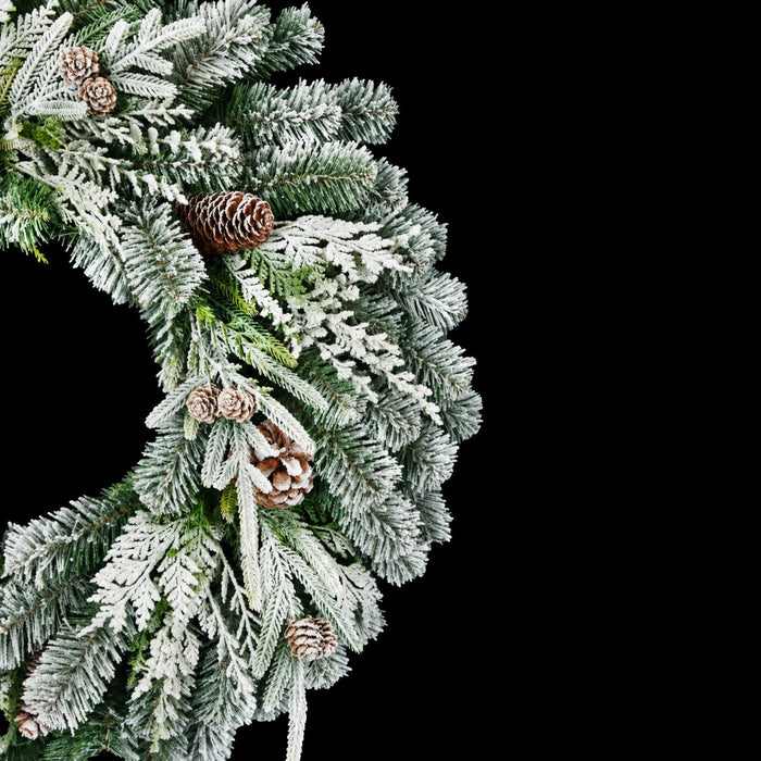30" PE Flocked Artificial Snowy Douglas Fir & Pinecone Wreath -White/Green - C-240580