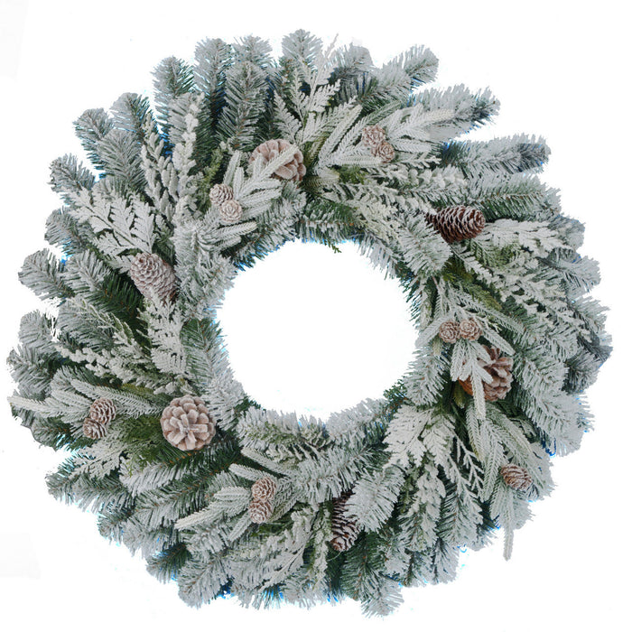 30" PE Flocked Artificial Snowy Douglas Fir & Pinecone Wreath -White/Green - C-240580