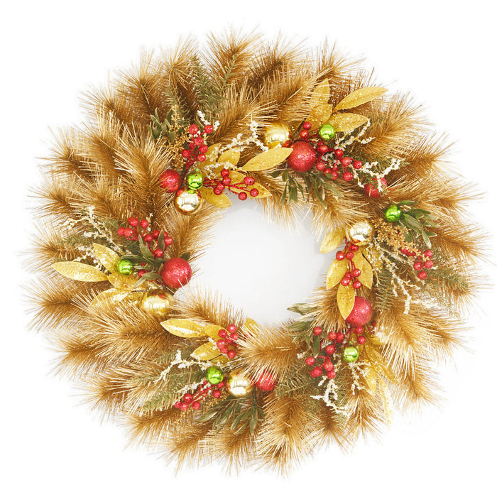 30" Longleaf Pine, Bay Leaf & Berry Artificial Hanging Wreath -Gold - C-250050