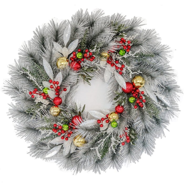 30" Longleaf Pine, Bay Leaf & Berry Artificial Hanging Wreath -Silver - C-250052