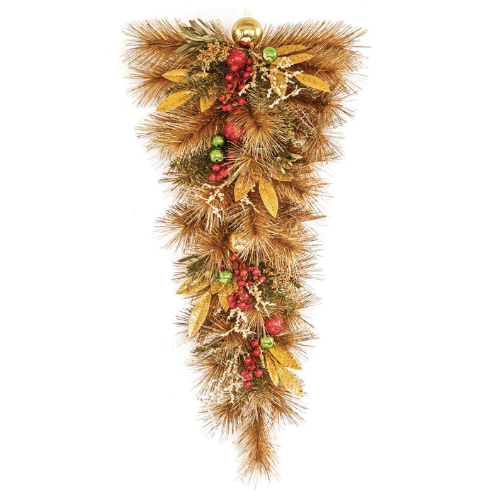32"Hx17"W Longleaf Pine, Berry & Ball Artificial Teardrop Swag -Gold (Pack of 2) - C-250060
