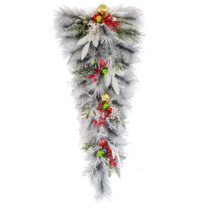 32"Hx17"W Longleaf Pine, Berry & Ball Artificial Teardrop Swag -Silver/Green (Pack of 2) - C-250062