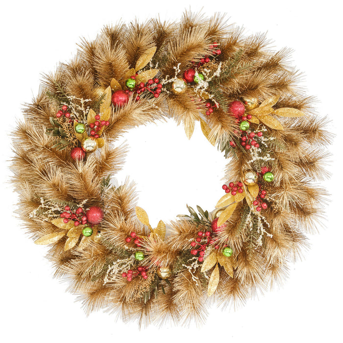 36" Longleaf Pine, Bay Leaf & Berry Artificial Hanging Wreath -Gold - C-250070