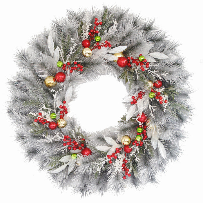 36" Longleaf Pine, Bay Leaf & Berry Artificial Hanging Wreath -Silver - C-250072