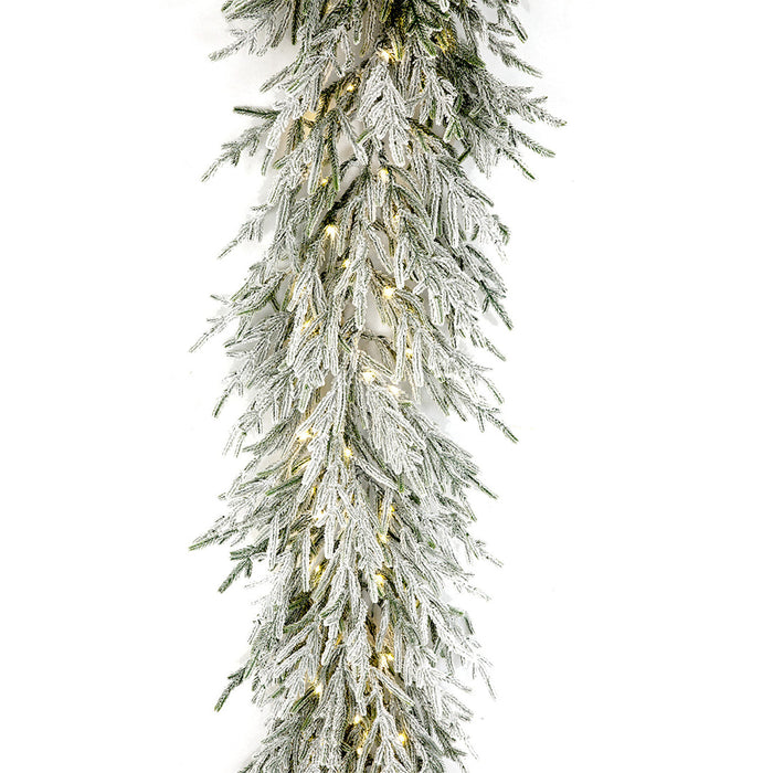 9'Lx16"W PE Flocked Norfolk Pine Artificial Garland, Micro LED Pre-Lit (Warm White, Multi-Mode) -White (Pack of 2) - C-250514