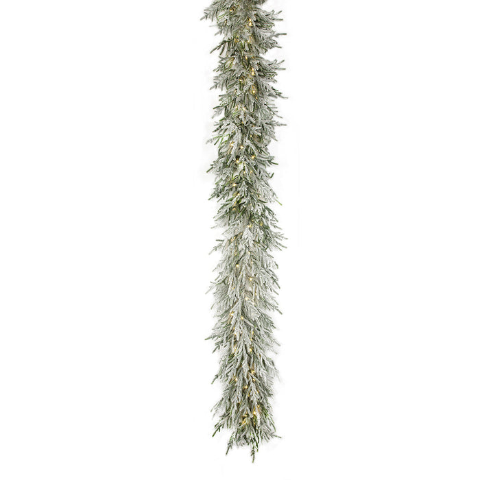 9'Lx16"W PE Flocked Norfolk Pine Artificial Garland, Micro LED Pre-Lit (Warm White, Multi-Mode) -White (Pack of 2) - C-250514