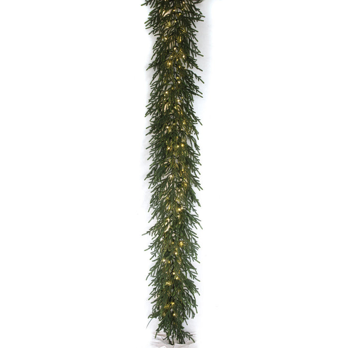 9'Lx16"W PE Norfolk Pine Artificial Garland, Micro LED Pre-Lit (Warm White, Multi-Mode) -White (Pack of 2) - C-250524