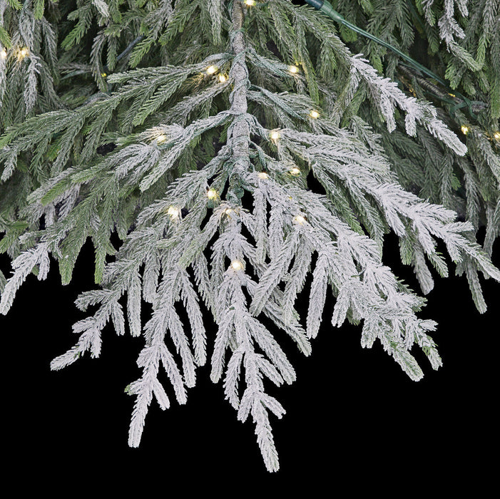 9'Hx71"W PE Flocked Norfolk Pine Artificial Christmas Tree, Micro LED Pre-Lit (Warm White, Multi-Mode) -White/Green - C-250554