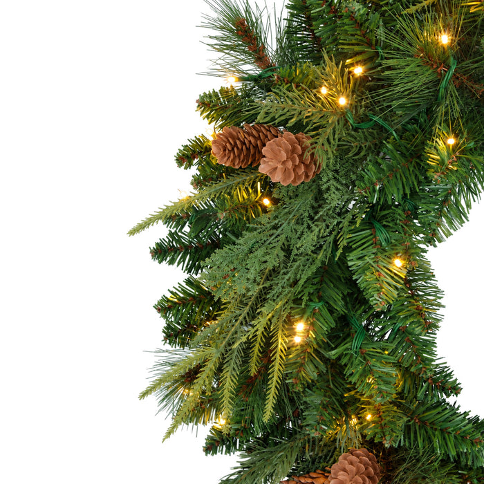 48" PE Artificial Marquett Pine & Pinecone Wreath, Micro LED Pre-Lit -Green - C-250784