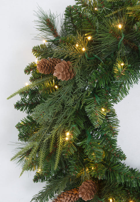 30" PE Artificial Marquett Pine & Pinecone Wreath, Micro LED Pre-Lit -Green - C-250764