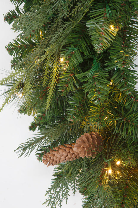 30" PE Artificial Marquett Pine & Pinecone Wreath, Micro LED Pre-Lit -Green - C-250764