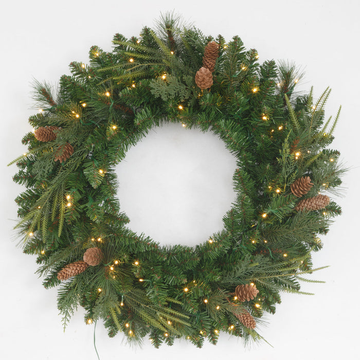 30" PE Artificial Marquett Pine & Pinecone Wreath, Micro LED Pre-Lit -Green - C-250764