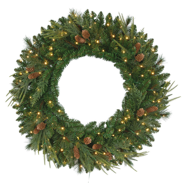 36" PE Artificial Marquett Pine & Pinecone Wreath, Micro LED Pre-Lit -Green - C-250774
