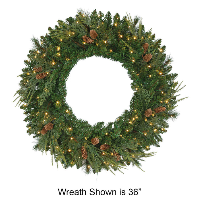 48" PE Artificial Marquett Pine & Pinecone Wreath, Micro LED Pre-Lit -Green - C-250784