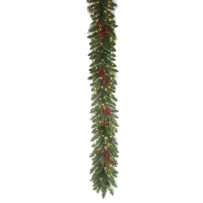 9'Lx12"W PE Red Lodge Pine Artificial Garland, Micro LED Pre-Lit -Green/Red (Pack of 2) - C-250934