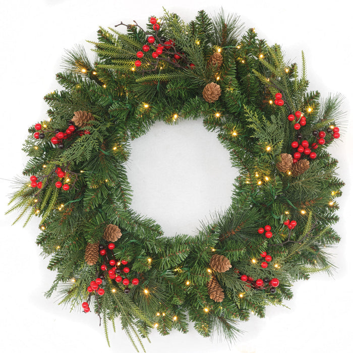 30" PE Artificial Red Lodge Mixed Pine Wreath, Micro LED Pre-Lit -Green/Red - C-250944