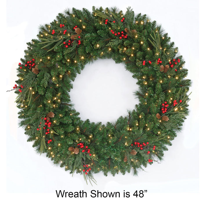 36" PE Artificial Red Lodge Mixed Pine Wreath, Micro LED Pre-Lit -Green/Red - C-250954