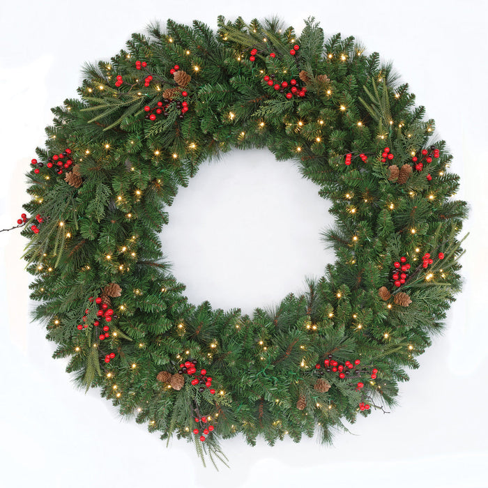 48" PE Artificial Red Lodge Mixed Pine Wreath, Micro LED Pre-Lit -Green/Red - C-250964