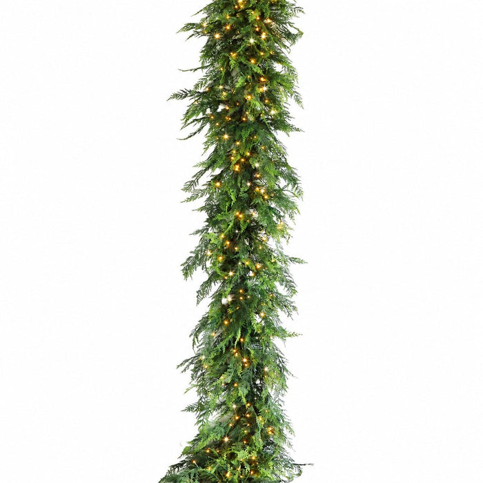 9'Lx20"W PE Artificial Mixed Cedar Garland, Micro LED Pre-Lit (Warm White, Multi-Mode) -Green - C-260024