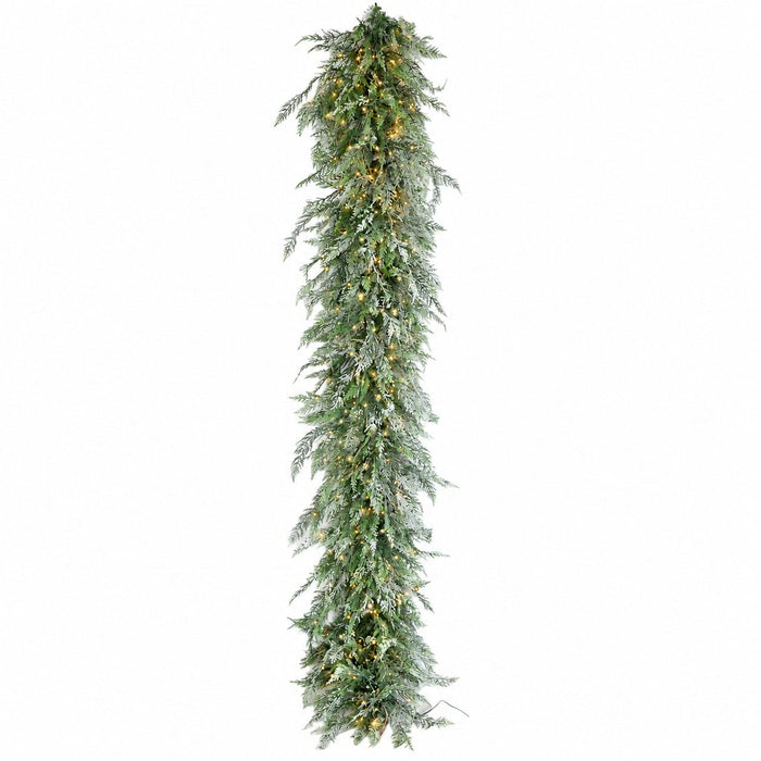 9'Lx20"W PE Flocked Artificial Mixed Cedar Garland, Micro LED Pre-Lit (Warm White, Multi-Mode) -White/Green - C-260044